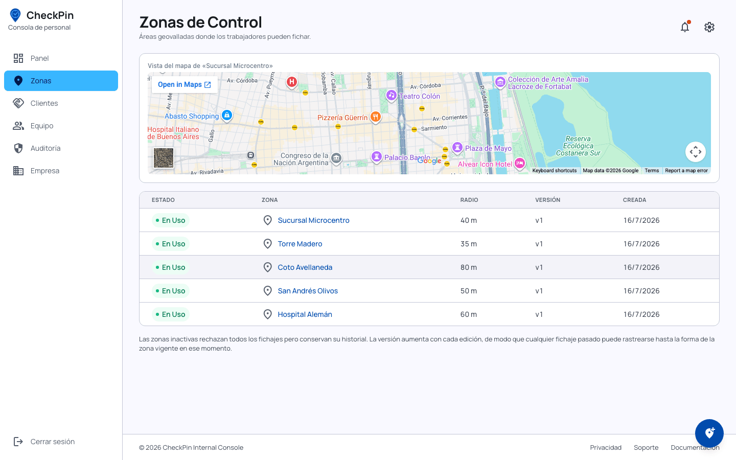 Mapa de CheckPin mostrando las zonas y geovallas de cada cliente